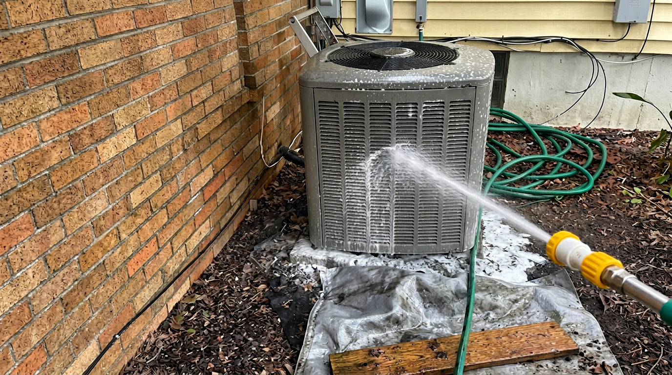 Outdoor AC condenser coils being washed during a seasonal tune-up