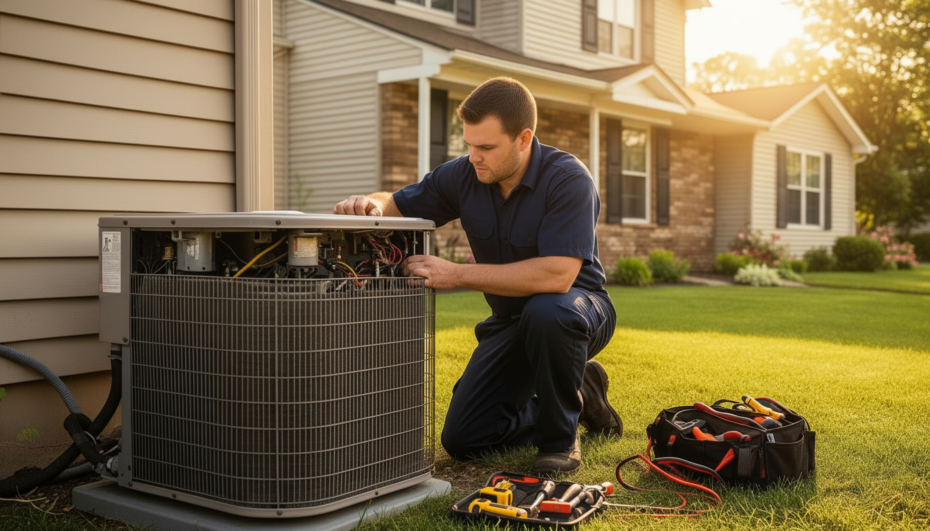 HVAC technician performing air conditioning repair in Westland, MI