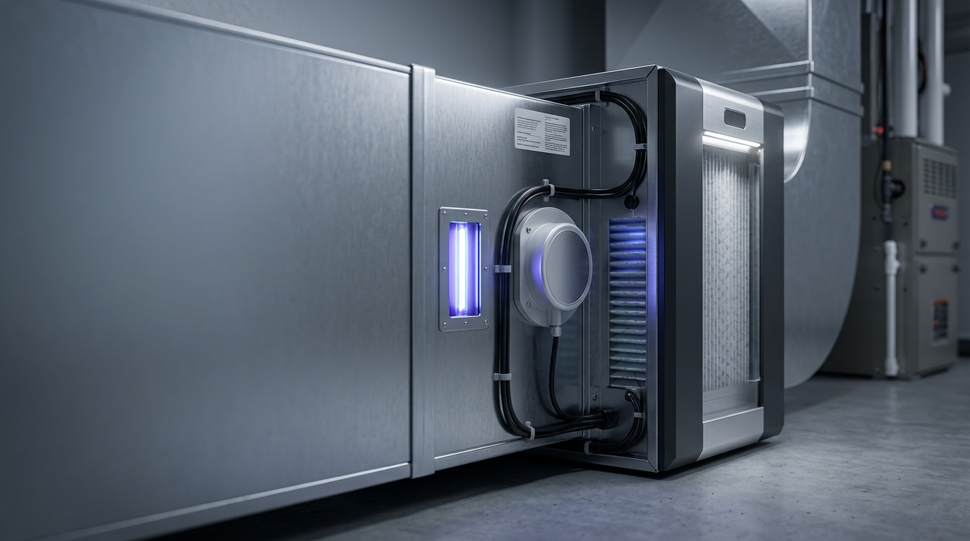 Whole-home air filtration cabinet and UV purifier integrated into ductwork