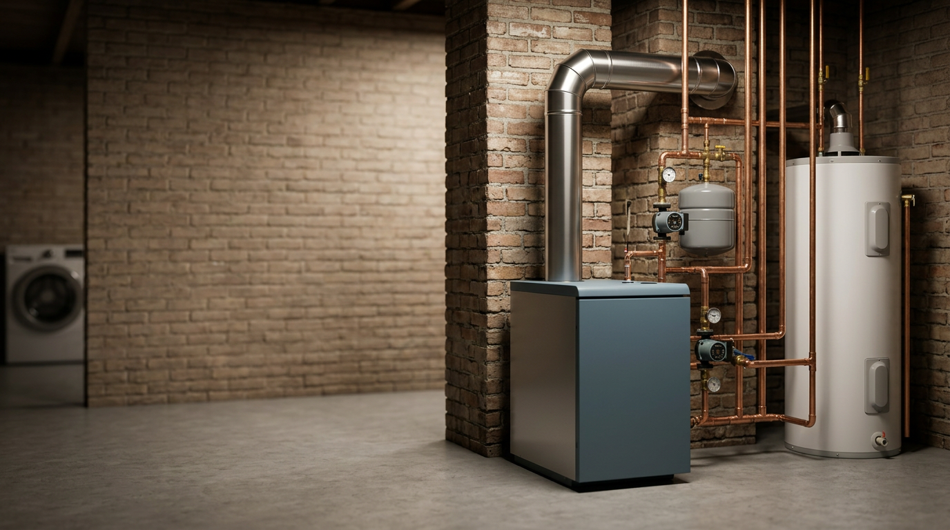 Residential boiler installation with new flue and copper piping