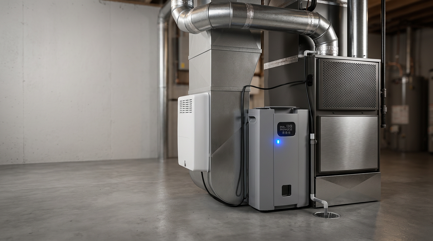 Whole-home dehumidifier installed next to residential HVAC equipment