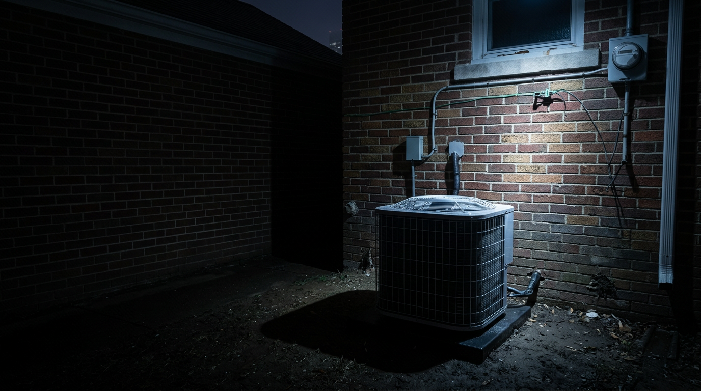 Air conditioner condenser outside at night during an emergency service situation