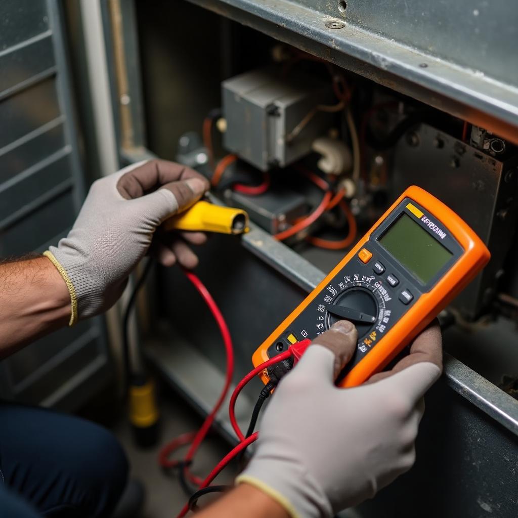 HVAC technician diagnosing furnace components with a multimeter