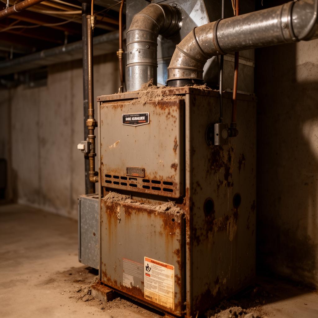 Aging furnace showing signs of wear in a Westland basement