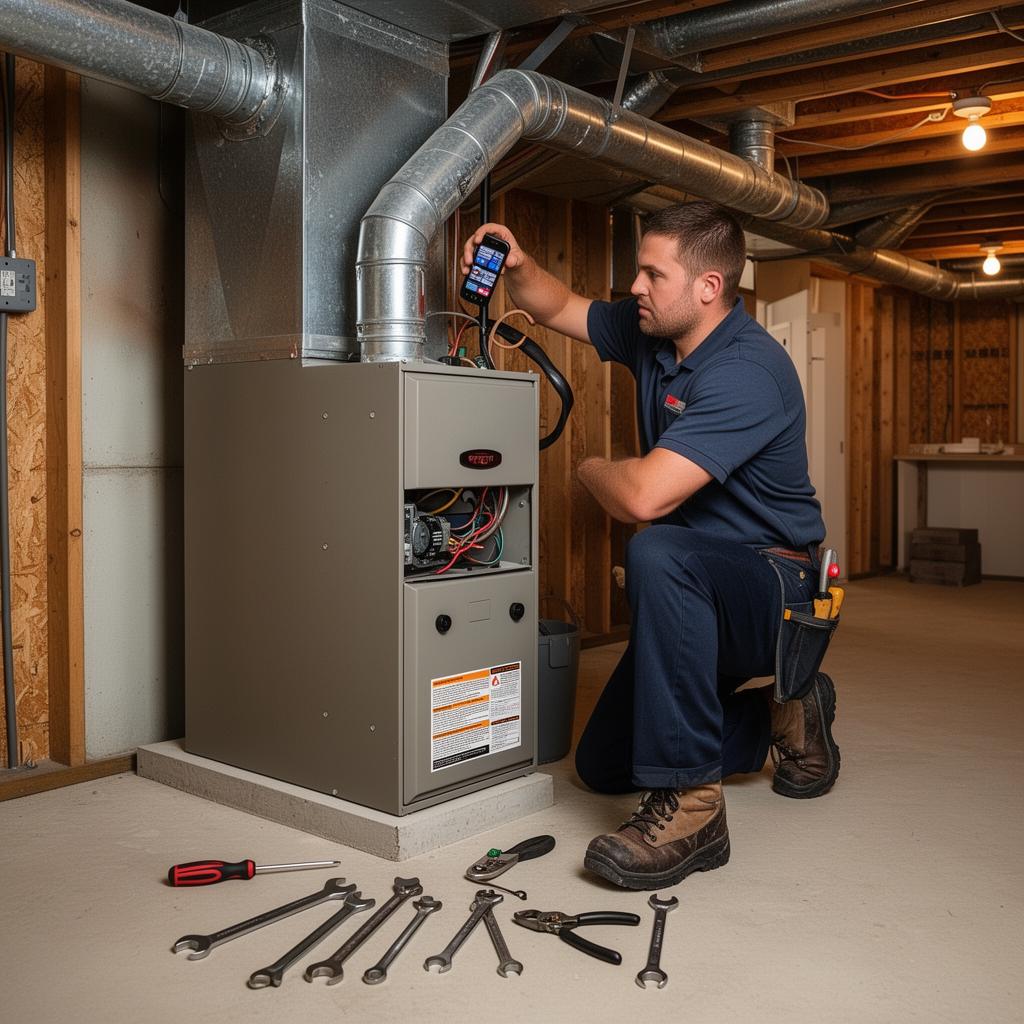 HVAC technician connecting ductwork to a new furnace