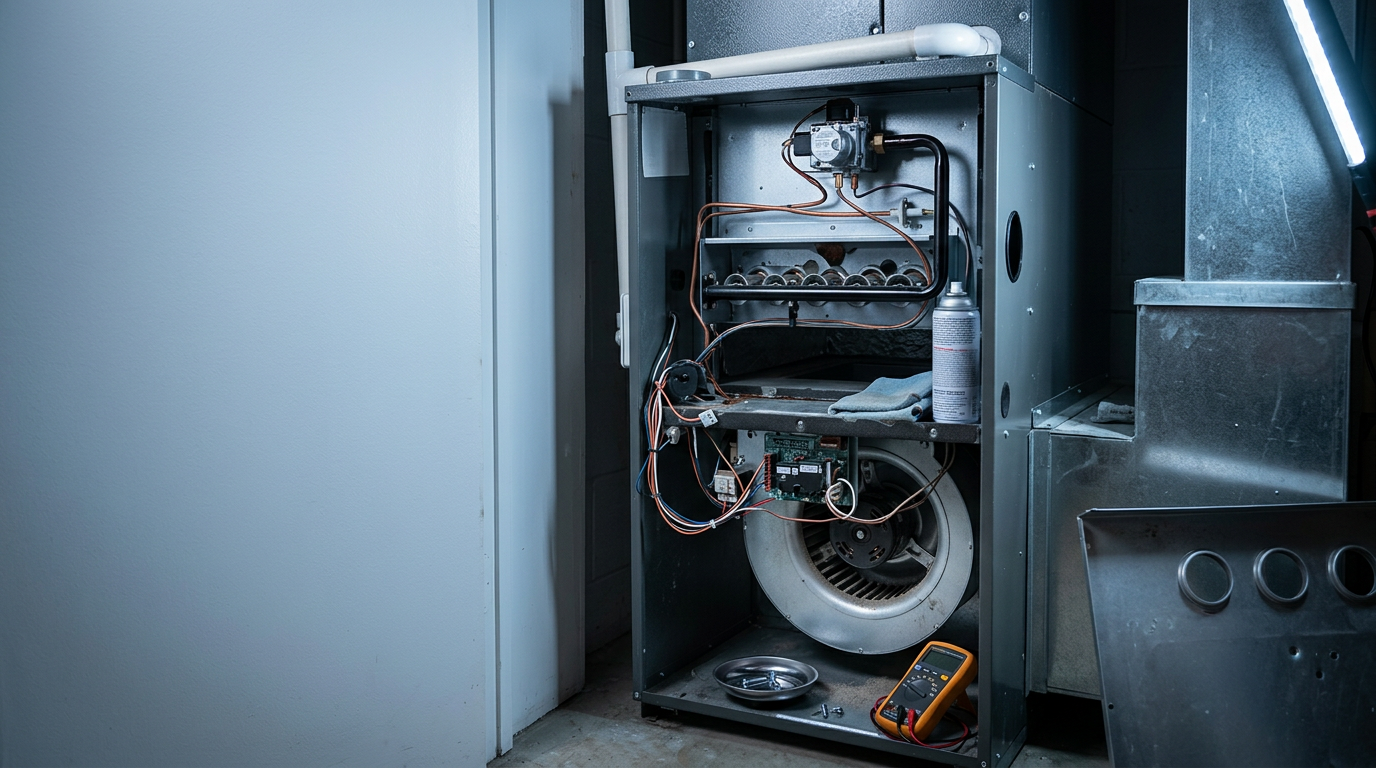 Residential furnace cabinet open for filter access and maintenance