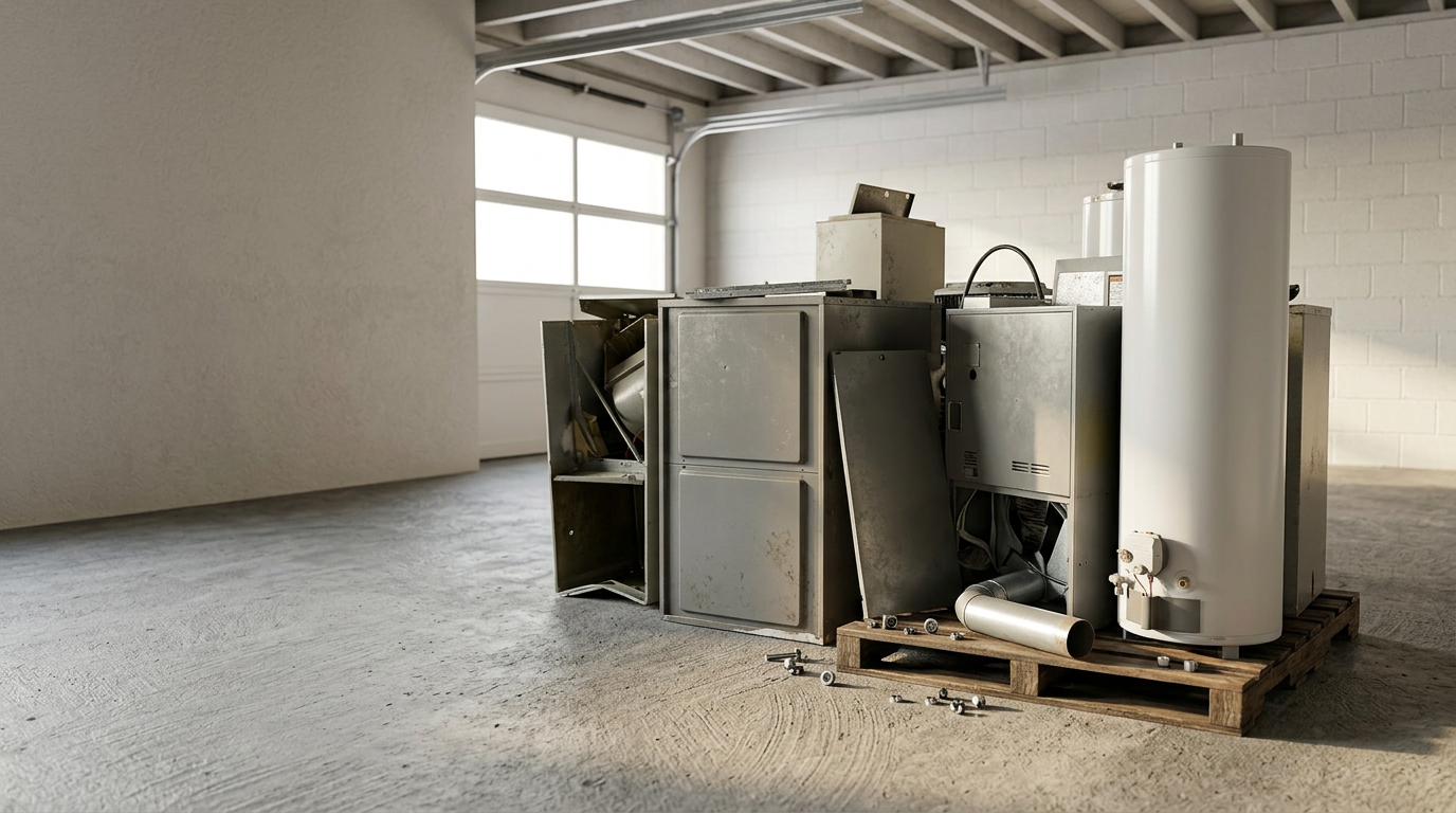 Old furnace and water heater removed ahead of a replacement installation