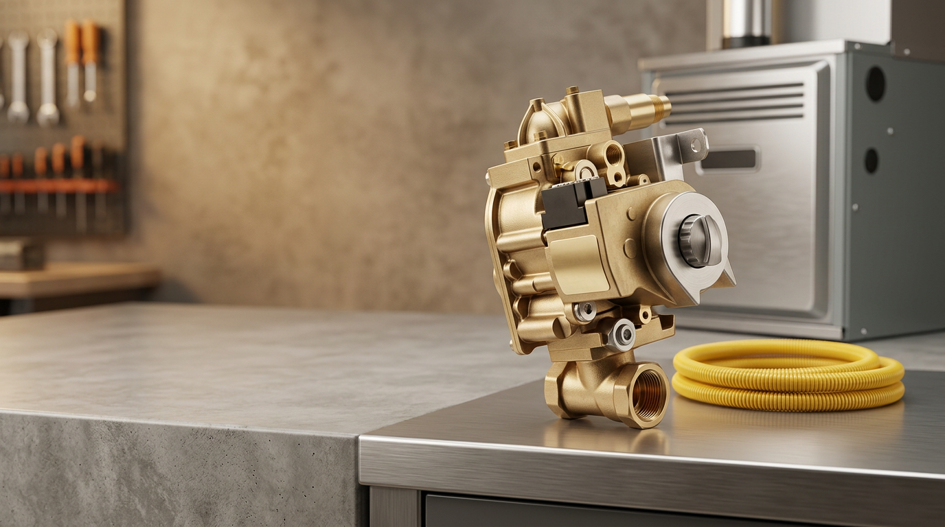Replacement gas valve assembly staged beside furnace equipment