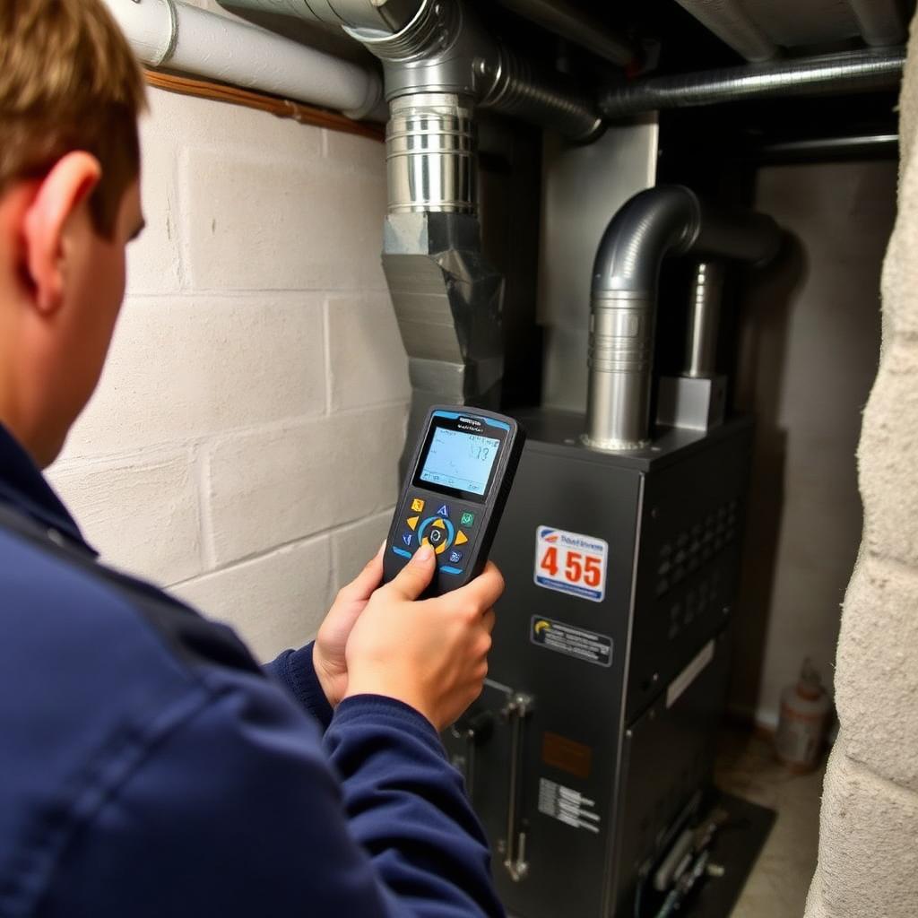 HVAC technician testing for carbon monoxide near a furnace