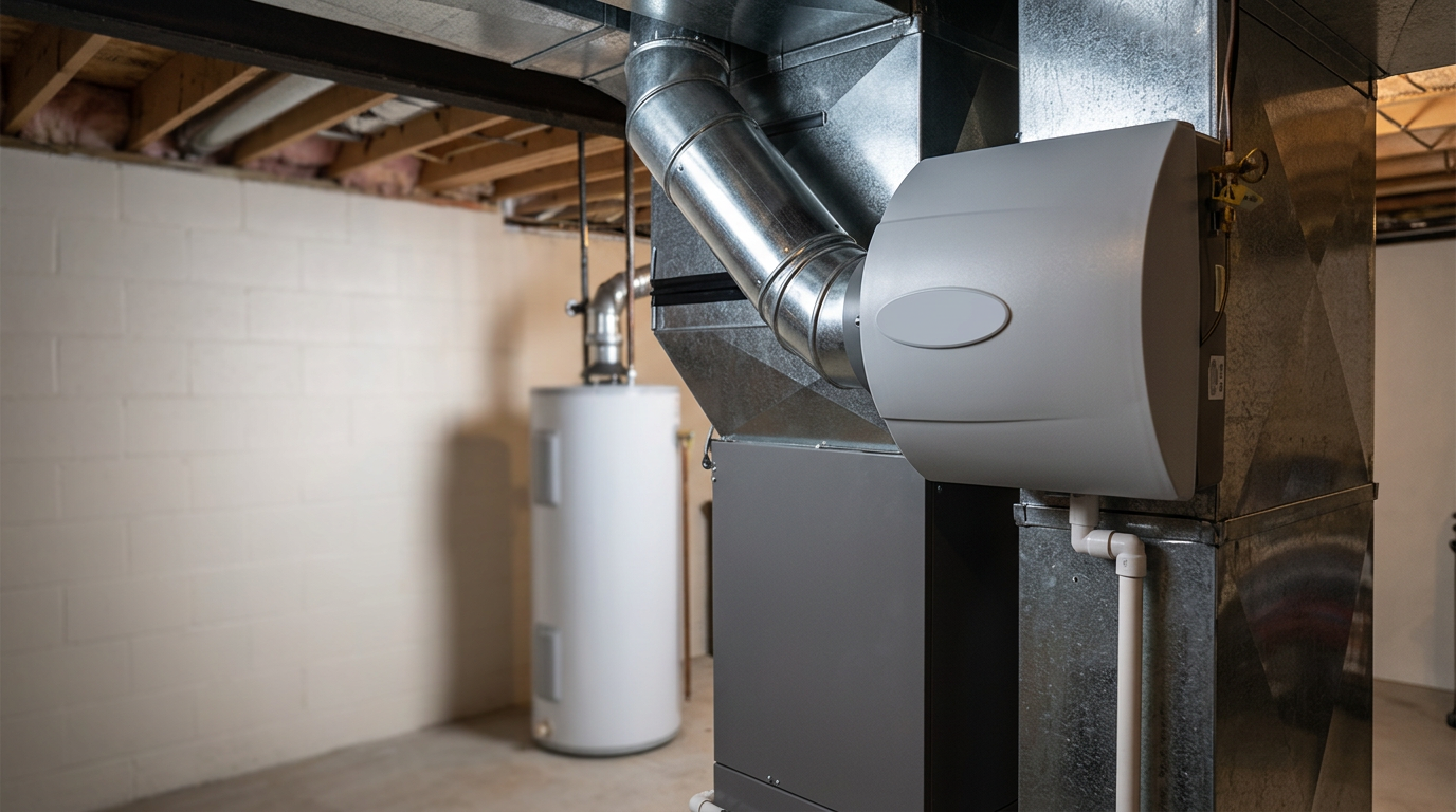 Whole-home humidifier mounted on ductwork beside a furnace
