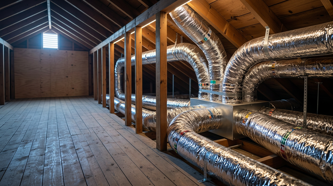 Attic HVAC zoning ductwork branching through a residential attic
