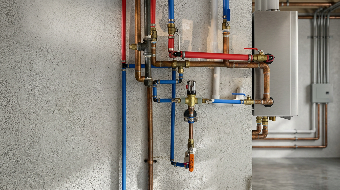 Hydronic heating piping with valves and near-boiler connections