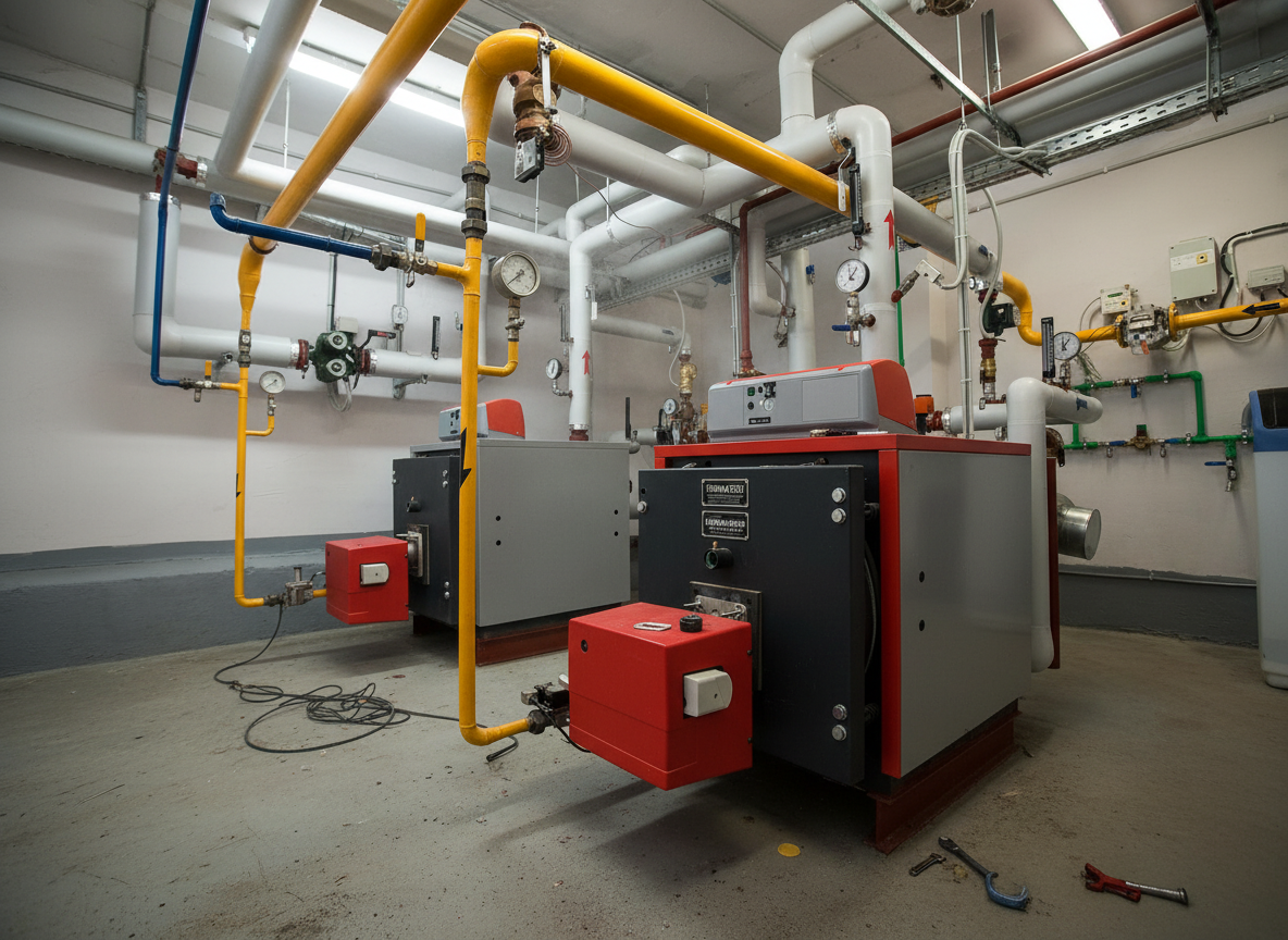 Industrial boiler room with steam systems and pipes