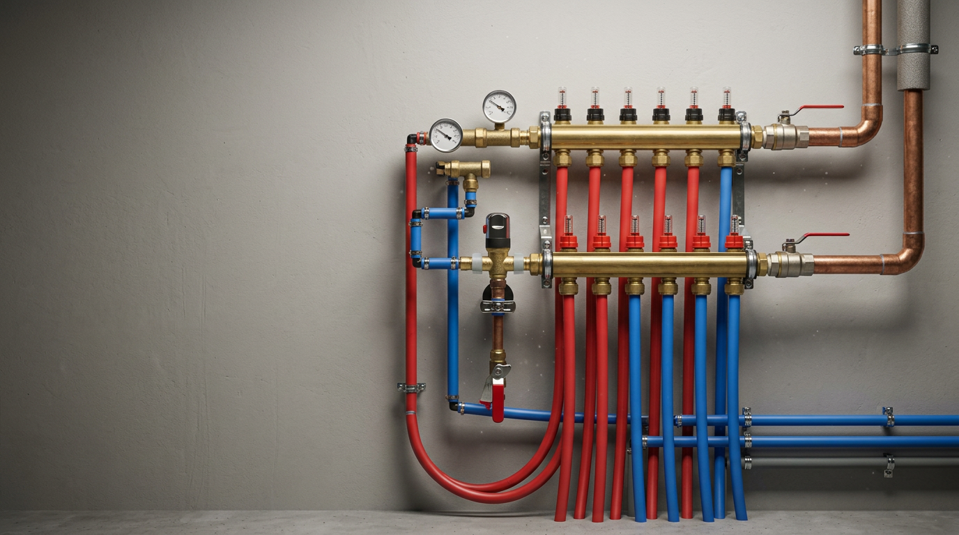 Radiant floor heating manifold with red and blue tubing loops