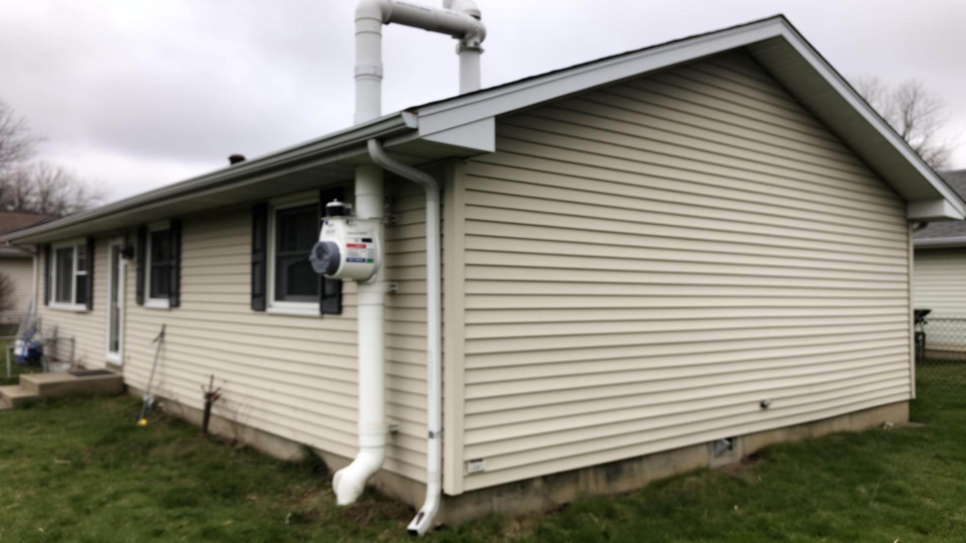 Exterior radon mitigation fan and white PVC vent stack on a Westland home