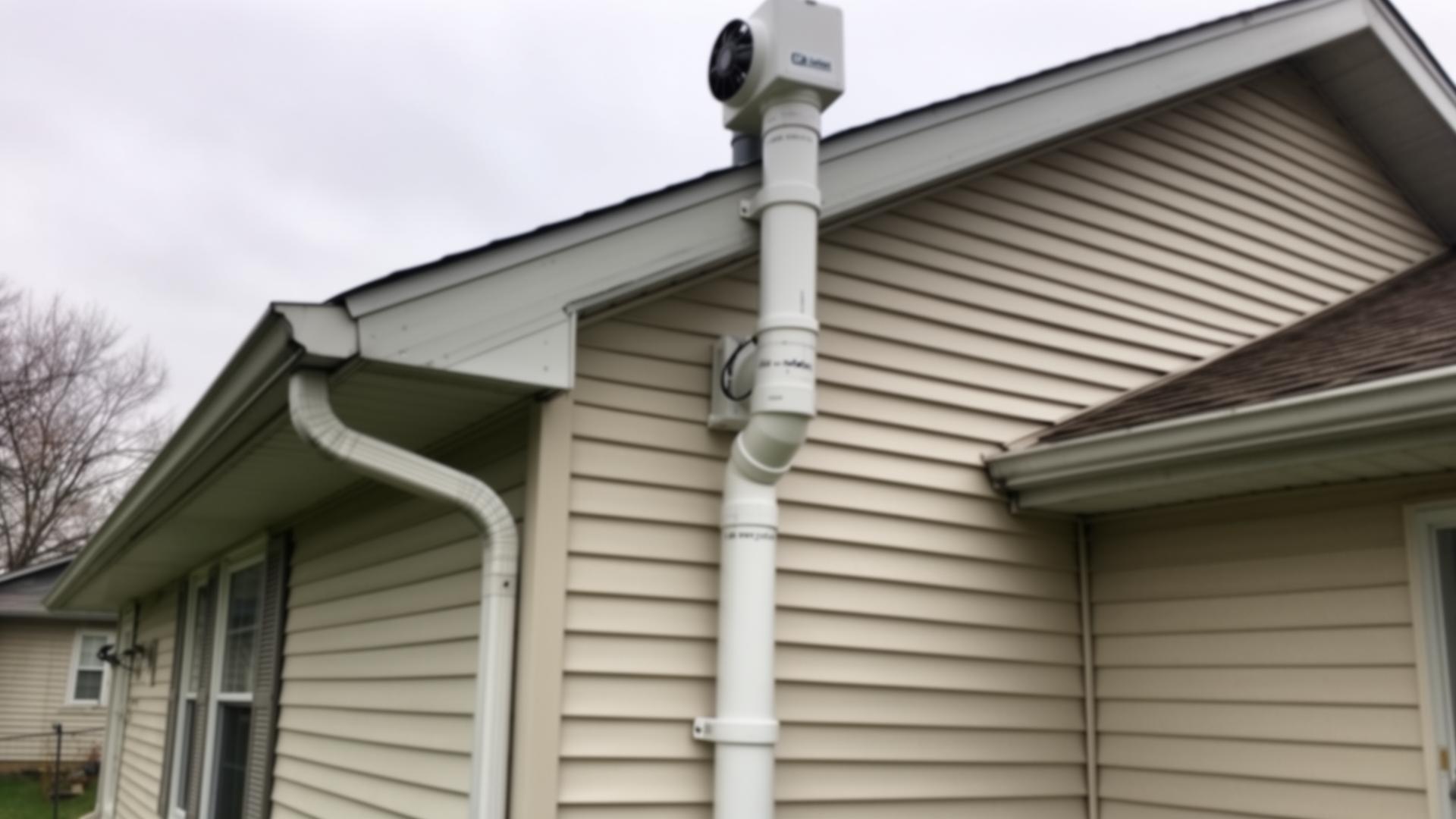 Exterior radon mitigation fan and white PVC vent stack on a Westland home