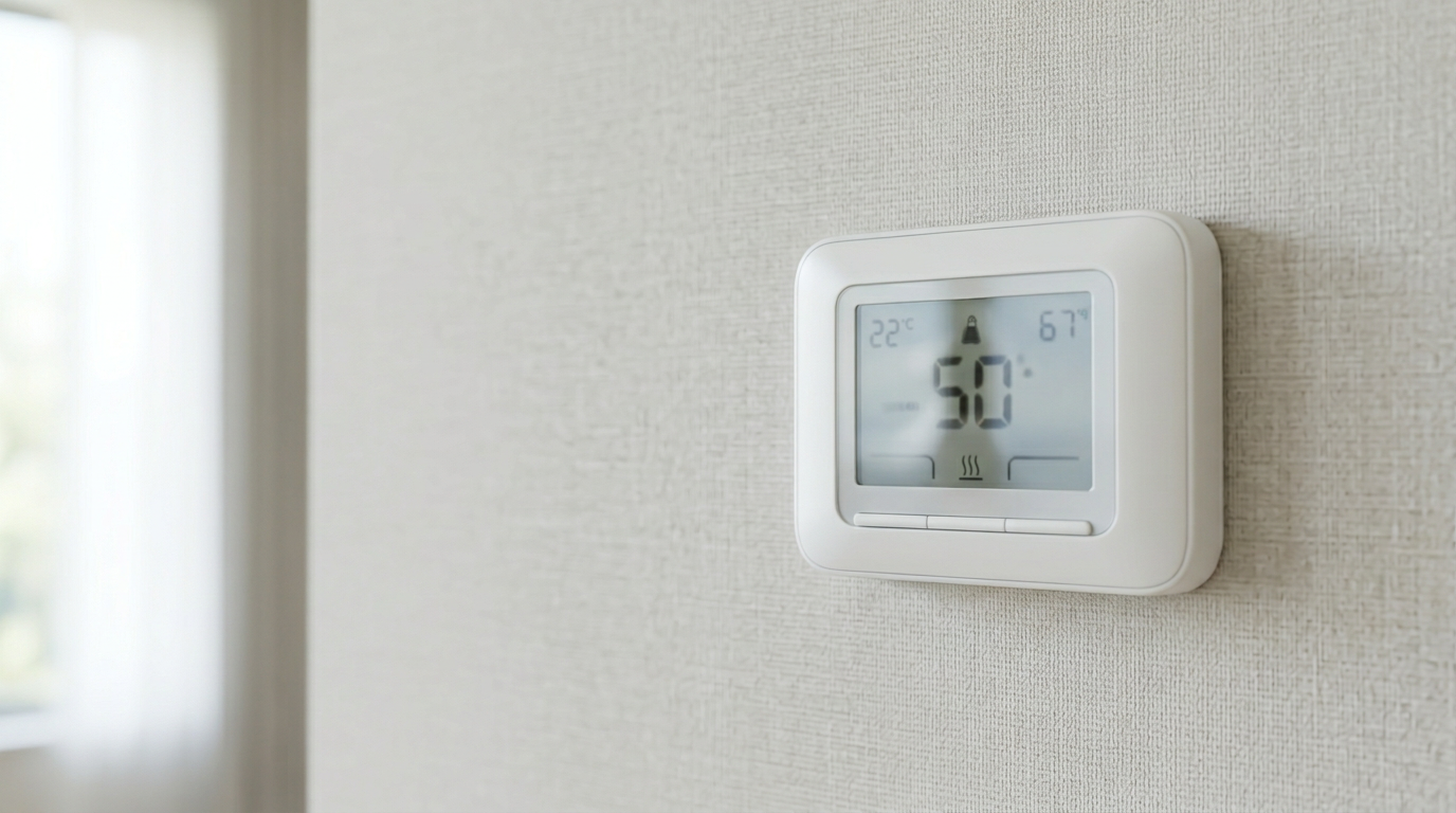 Modern wall thermostat installed in a residential interior