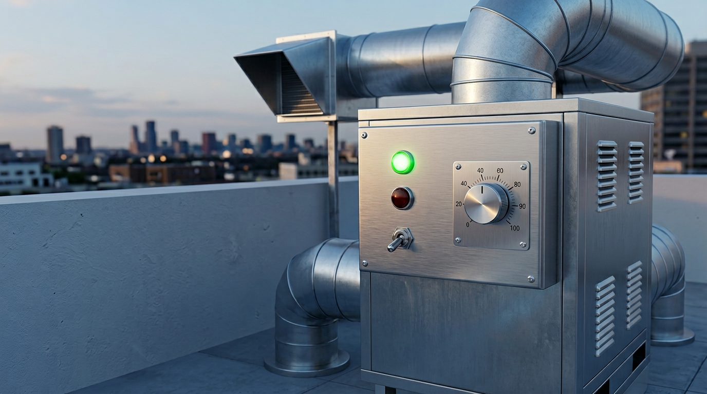 Commercial ventilation and makeup-air equipment with controls and ductwork