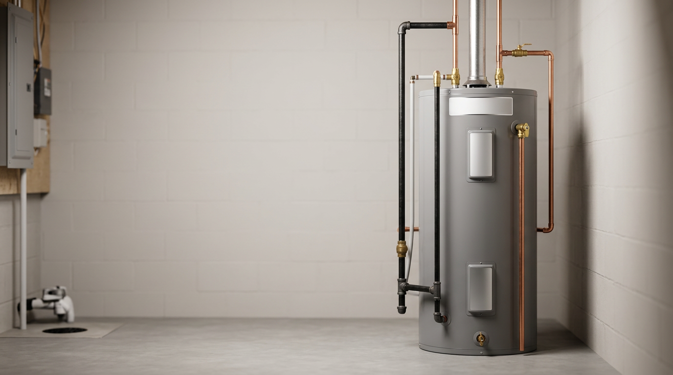 New residential tank water heater installation in a basement